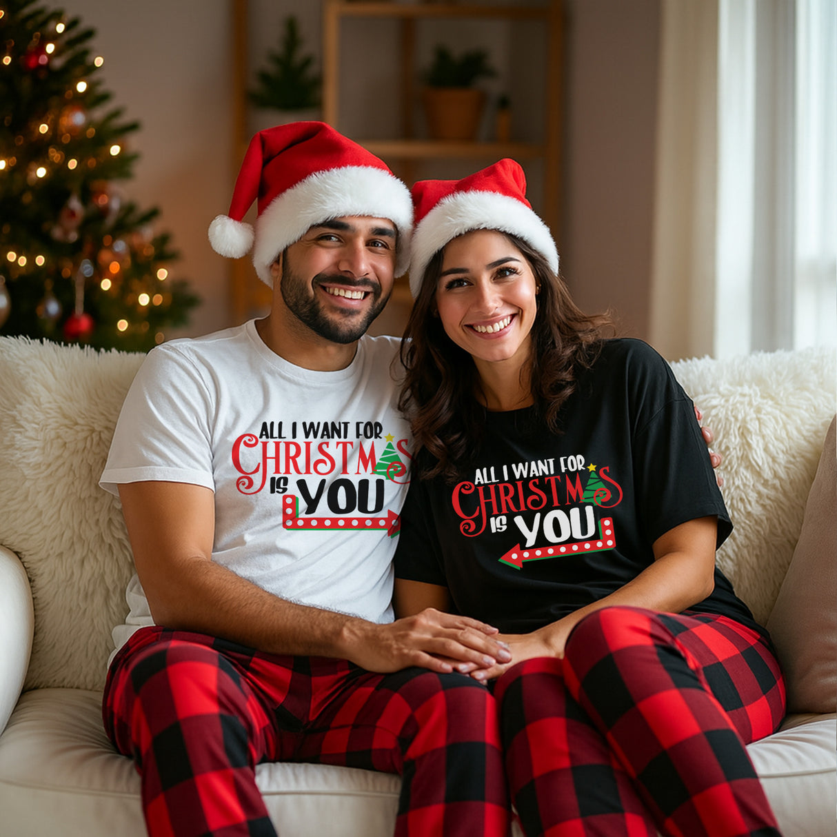 Matching couples Christmas shirts.