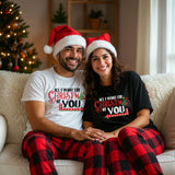 Matching couples Christmas shirts.