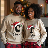 Couple Christmas Sweaters for the holidays. Personalized matching Christmas sweatshirts with reindeer design.