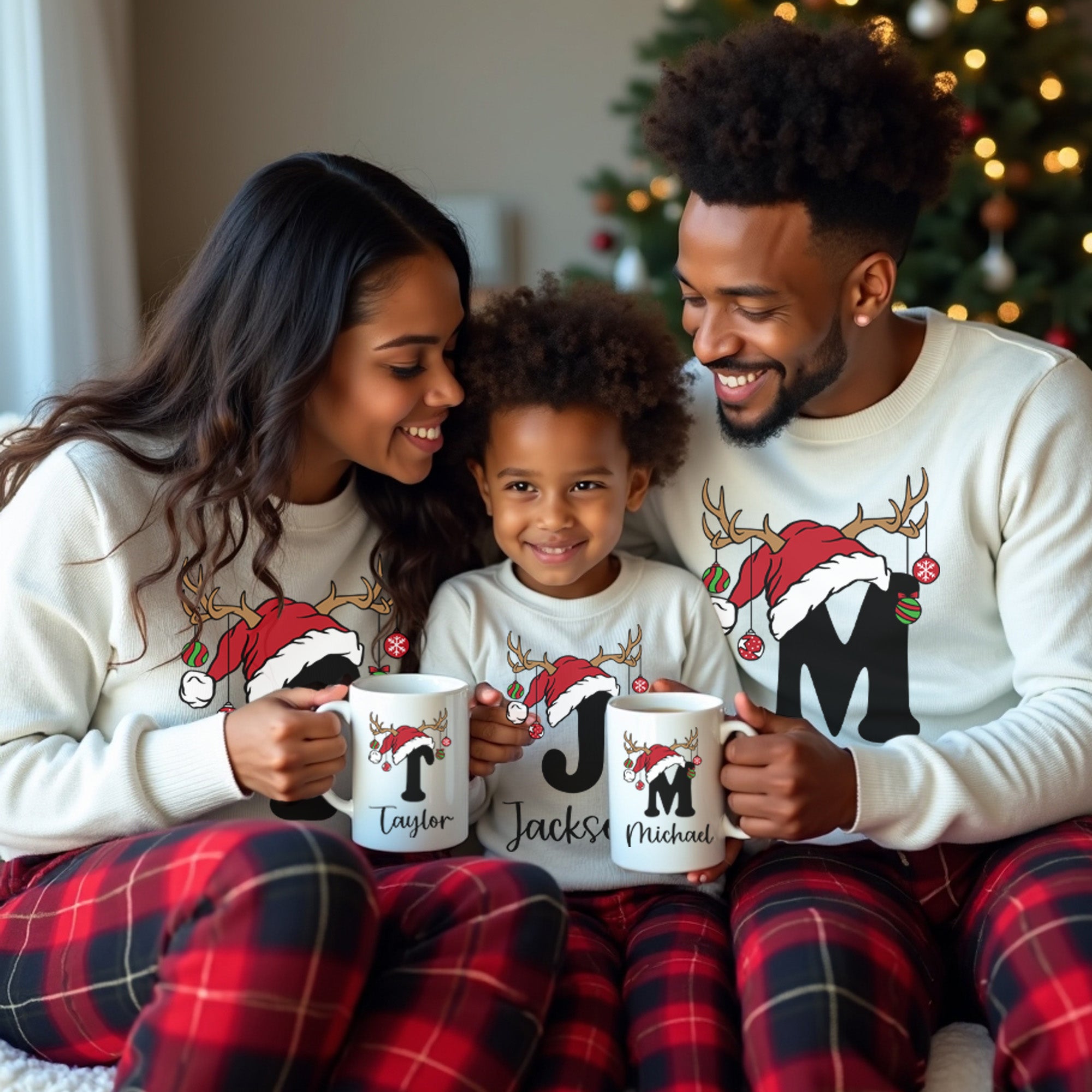 Personalized matching family Christmas mugs with name. Cute matching Christmas sweaters and mugs for families and groups.