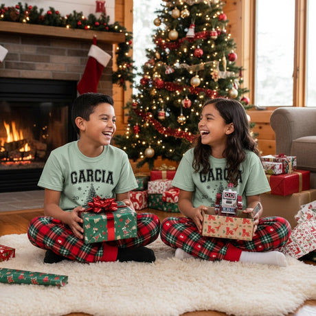 Comfort Colors Varsity Personalized Family Christmas Shirts with Location and Year - Gifts Are Blue