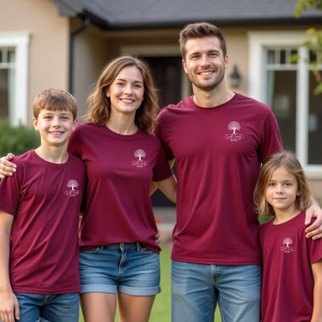 Matching family t-shirts for reunions, vacations, and family events featuring a family tree and customizable name.