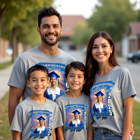 Class of 2025 personalized graduation shirt with a photo. Custom family matching shirt for graduation day.