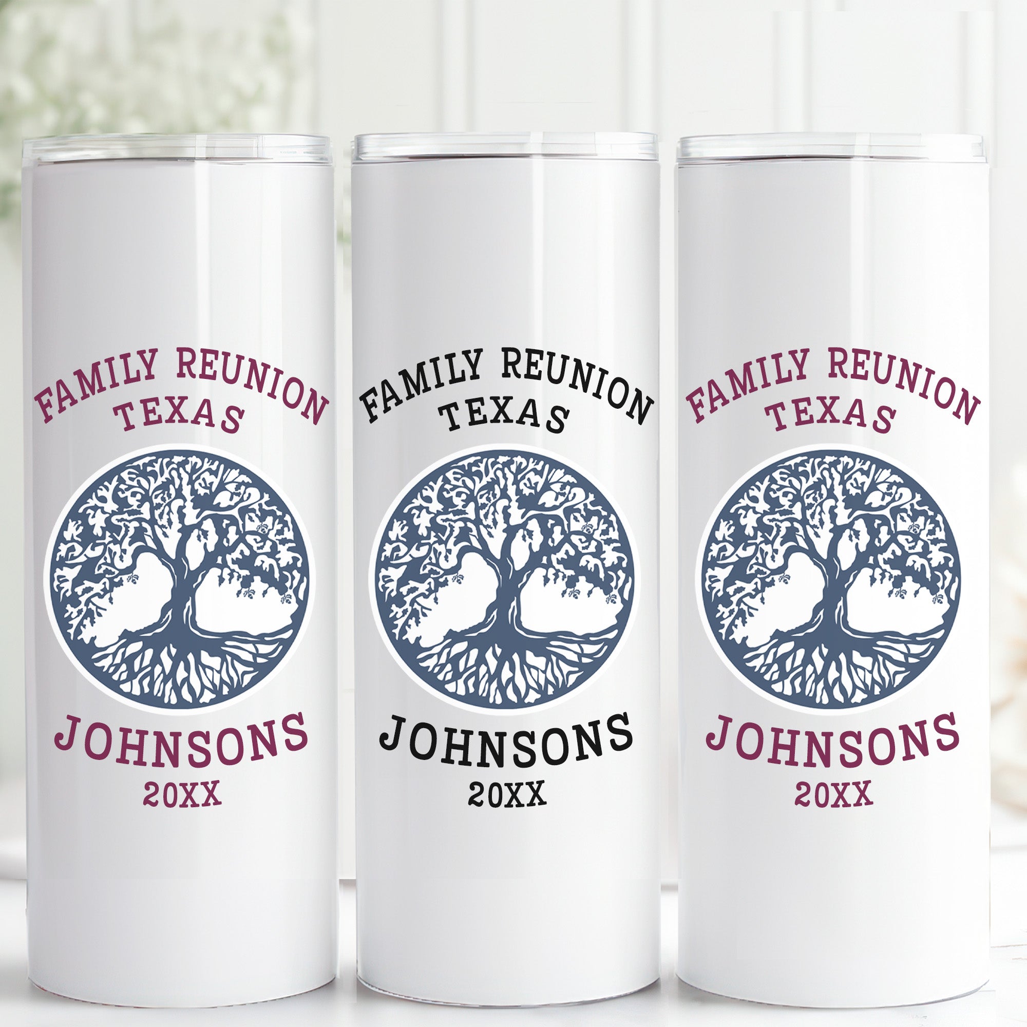 Family tree custom tumbler personalized with name and reunion year, designed for family gathering keepsakes and gifts for family.