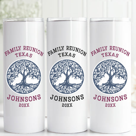 Family tree custom tumbler personalized with name and reunion year, designed for family gathering keepsakes and gifts for family.