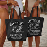 Custom beach bachelorette tote bag with a personalized Last Toast on the Coast design for a memorable gift.