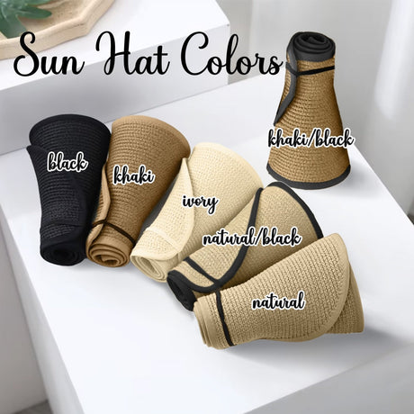 Matching sun hats in six colors. Available in black, khaki, ivory, natural, khaki with black trim and natural with black trim. Great for girls retreats, bachelorettes and more.