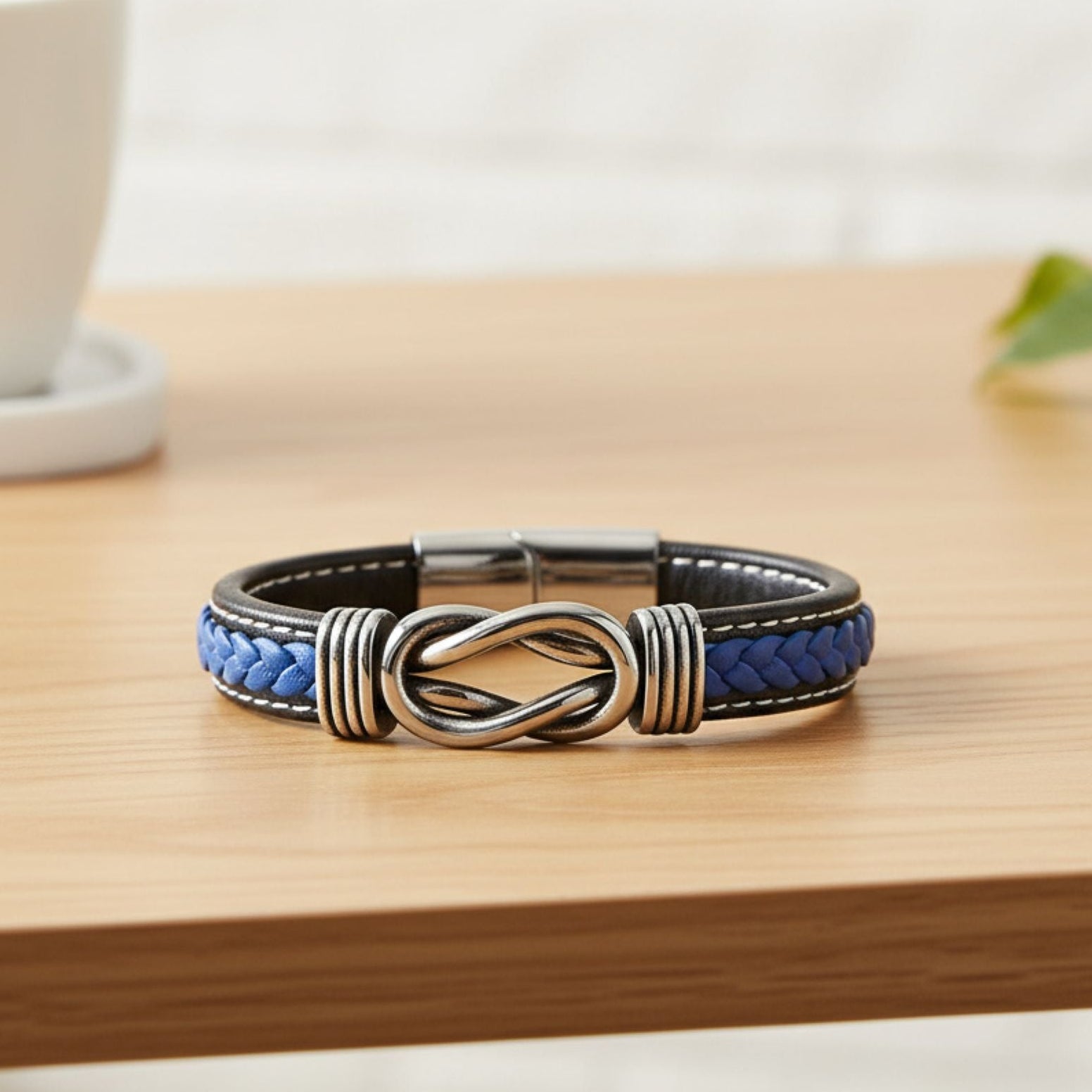 Mens Fashion Leather Bracelet with Stainless Steel Accents, Blue
