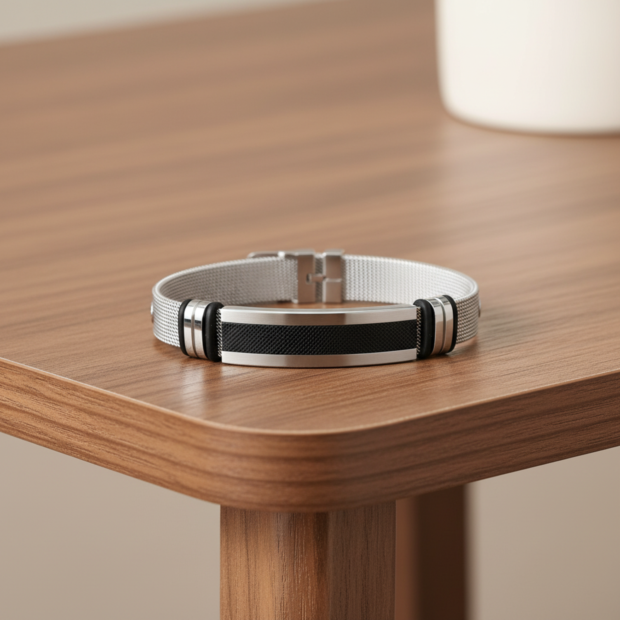 Mens Stainless Steel Bracelet with Bar, Adjustable Mesh Band with Buckle Clasp