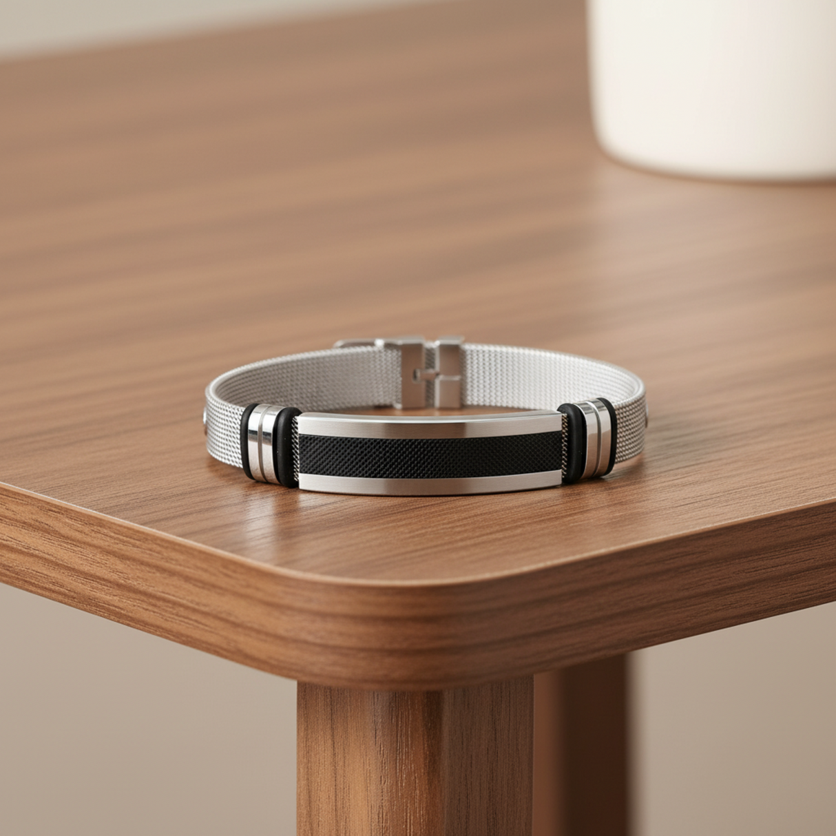 Mens Stainless Steel Bracelet with Bar, Adjustable Mesh Band with Buckle Clasp