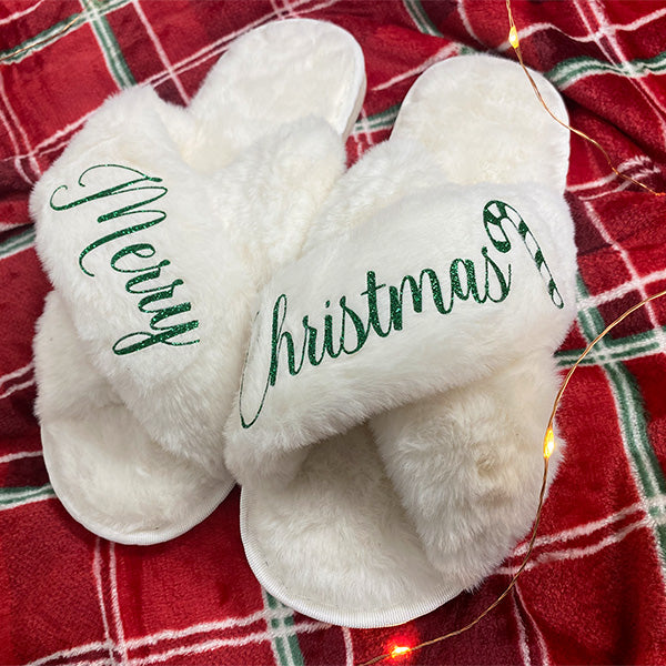 Ivory merry christmas slippers for the holidays. all SKUs