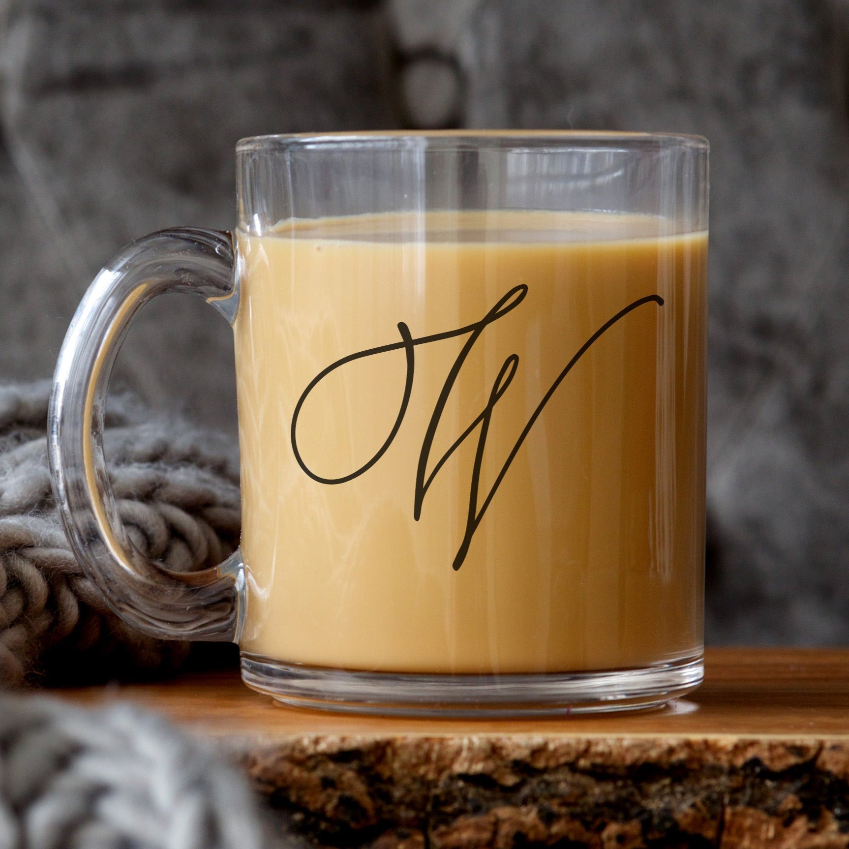 Personalized clear glass mug with monogram initial, minimalist 10 oz coffee cup for her.