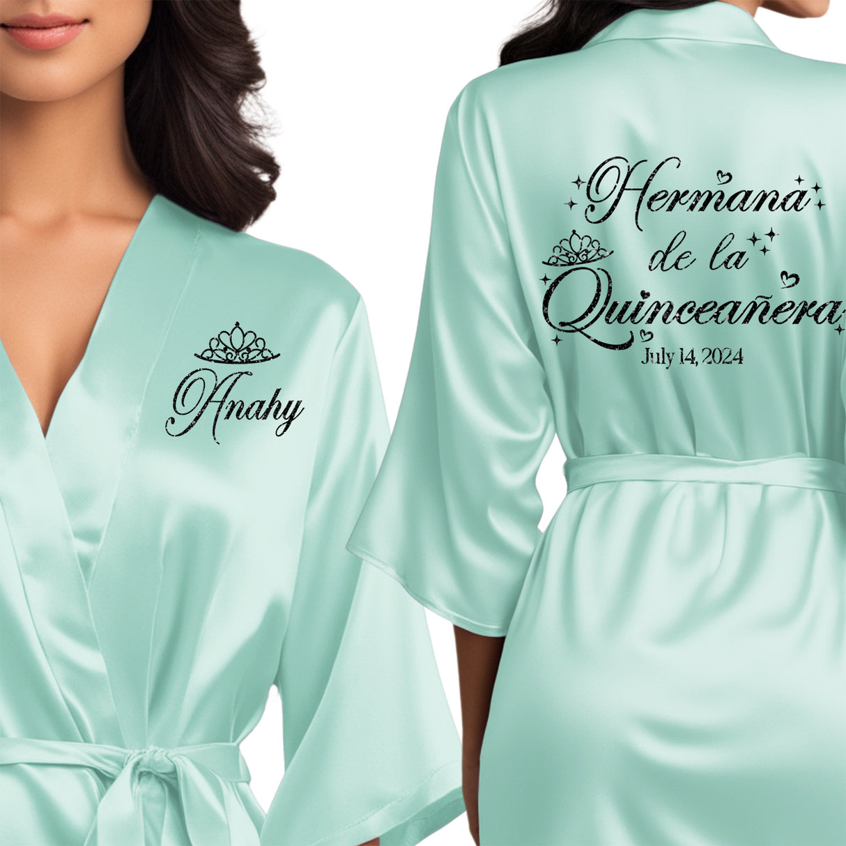 Personalized mint blue quinceanera robes with black glitter. Hermana de la quinceanera getting ready robes.