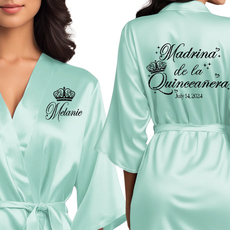 Satin mint blue quince robes with black glitter. Madrina de la quinceanera getting ready robes.