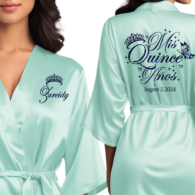 Personalized mint blue satin quinceanera robes. The perfect getting ready mis quince anos robes with blue glitter. Great quinceanera gifts.