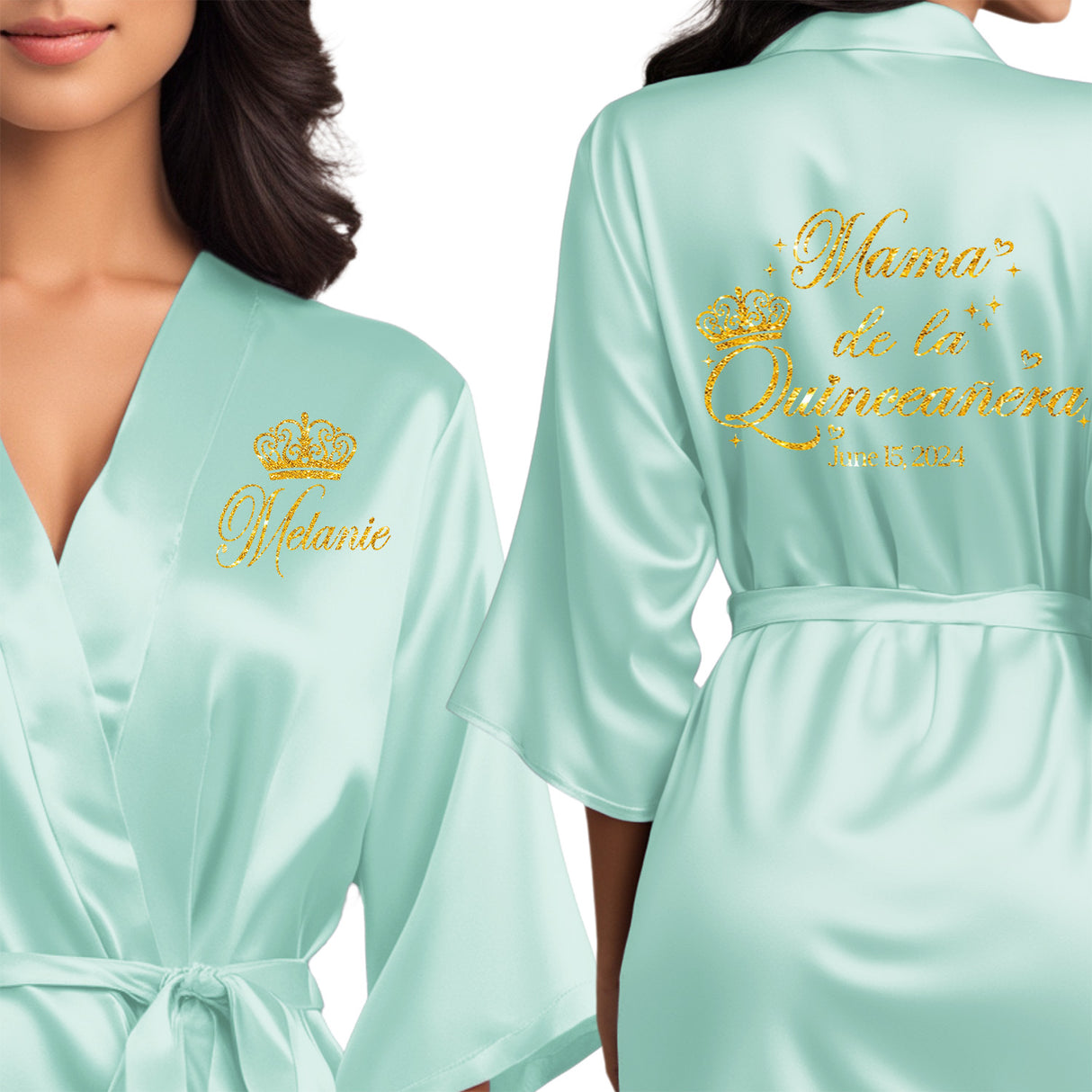 Personalized satin mama de la quinceanera robes. Mint blue quince robes with gold glitter. Perfect gifts for the quinceanera squad.