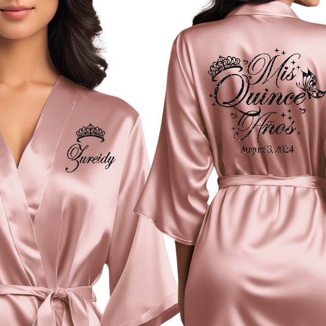 Personalized mauve satin quinceanera robes. The perfect getting ready mis quince anos robes with black glitter. Great quinceanera gifts.