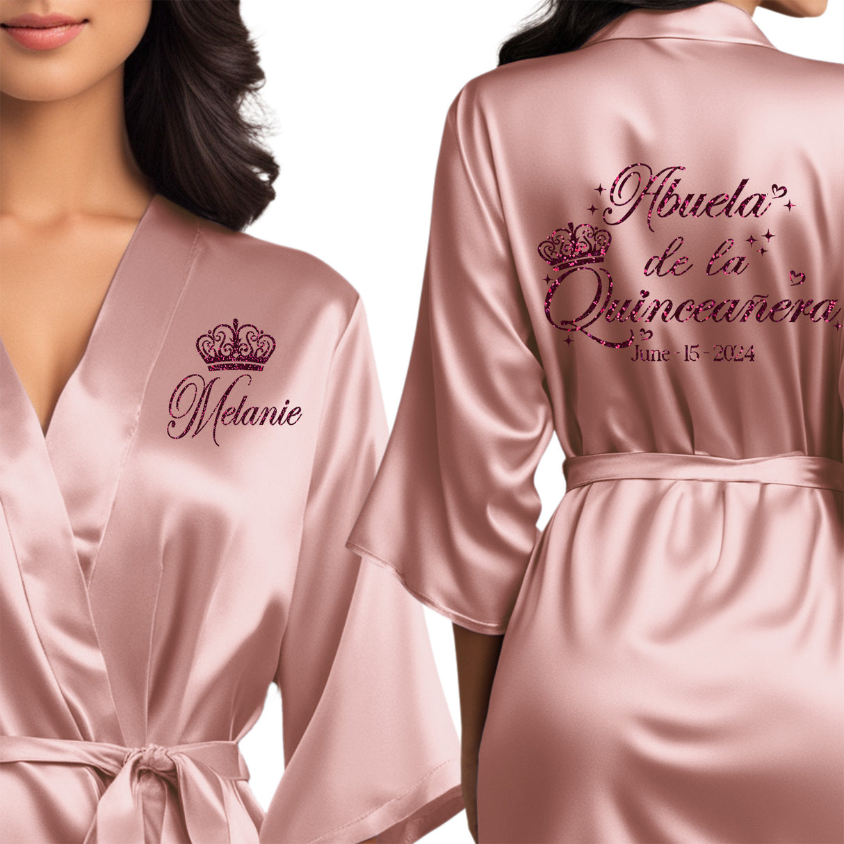 Front and back personalized satin quinceanera robe at knee length. Abuela de la quinceanera getting ready robes.