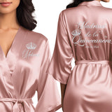 Satin mauve quince robes with silver glitter. Madrina de la quinceanera getting ready robes.