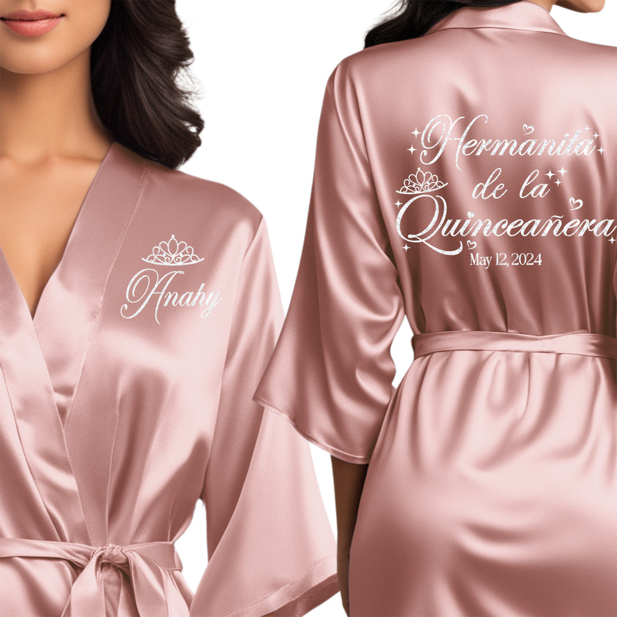 Women's quinceanera satin robes. Personalize with your name and event date. Mauve quince robes for little sister.