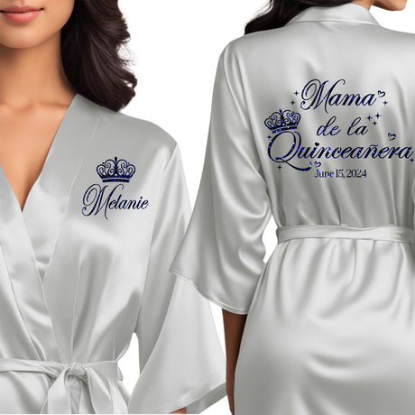 Personalized satin mama de la quinceanera robes. Pretty silver quince robes with fuchsia glitter. 