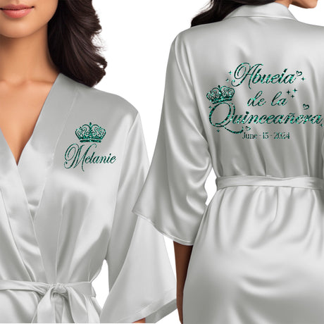 Front and back personalized satin quinceanera robes at knee length. Abuela de la quinceanera getting ready robes.