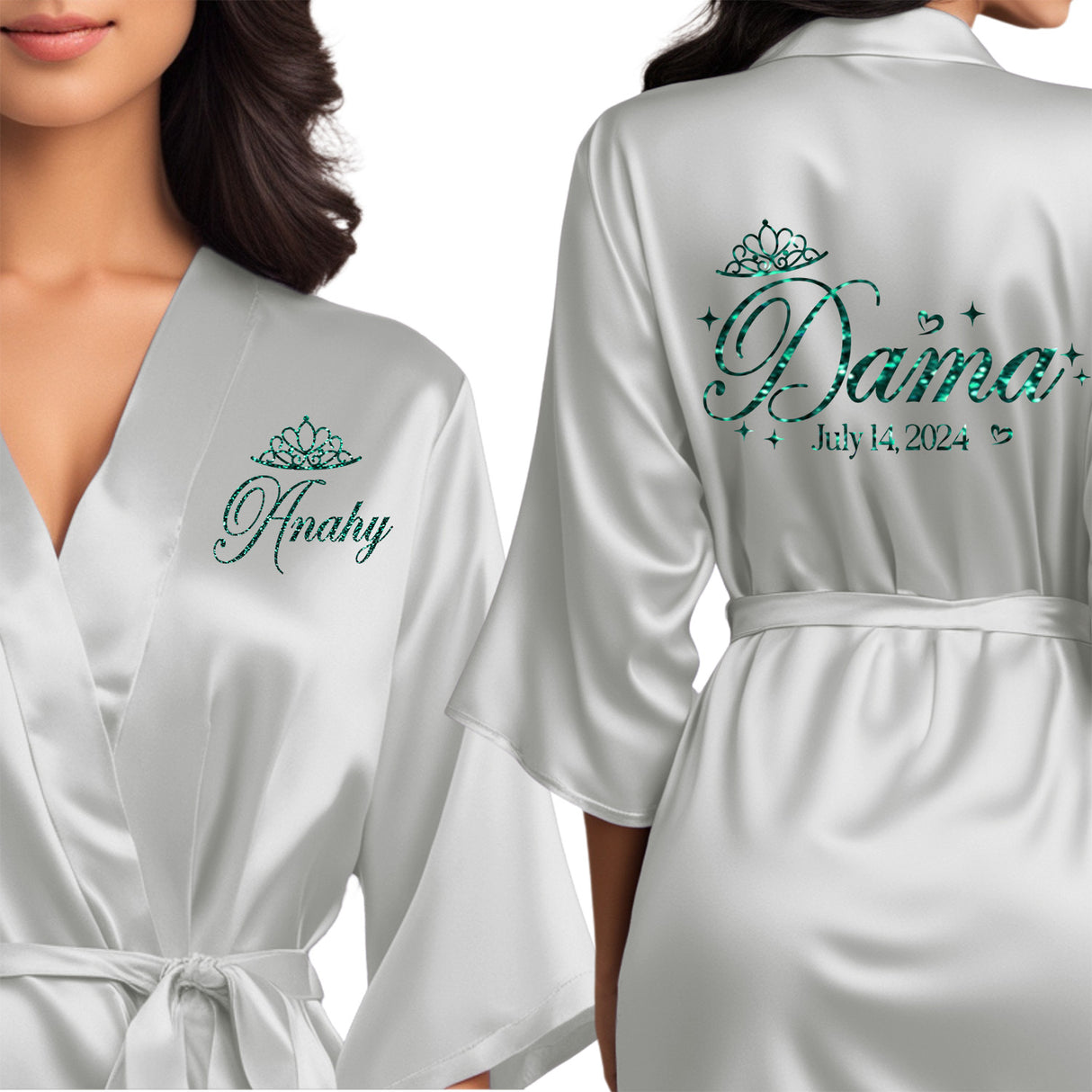 Silver quinceanera robes for damas. Beautiful satin silver robes with emerald green glitter.