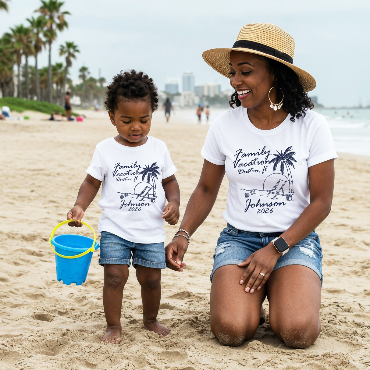 Personalized family reunion beach shirts with names for coordinated matching family outfits.