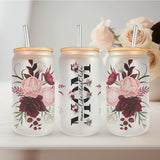 A floral glass tumbler that makes a great gift for mom. Perfect for mothers day or a first mothers day gift and equipped with a lid and straw. 