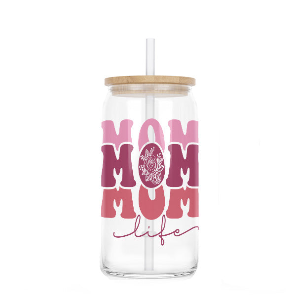 Mama Glass Tumbler With Lid and Straw, Mama Can Glass, Mama Iced Coffee Cup  Glass, Boho Mama Can Glass, Glass Coffee Cup, Mothers Gift, 16oz 