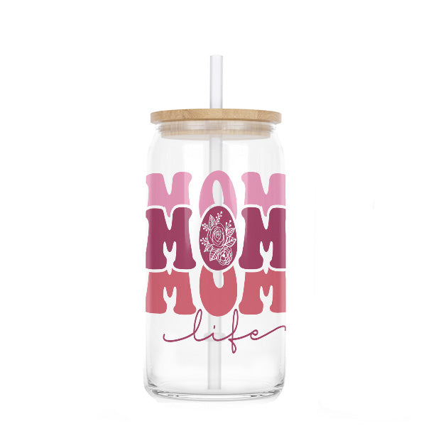 Mom Life Iced Coffee Glass Can with Lid & Straw - Cool Gift for Her on Mothers Day, Birthdays, Christmas - 16oz Tumbler