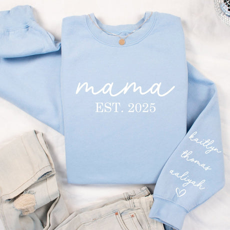 Blue personalized Mama Sweatshirt with names of children, a meaningful gift for Mother's Day, birthdays, or Christmas. Easy gift ideas for mothers day. 