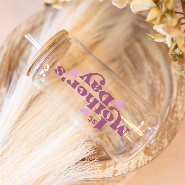 This iced coffee glass can has printed text of 1st Mothers Day for new mom.  It's a cute gift that can be used to acknowledge your wife, daughter, sister or friend first Mother's Day.