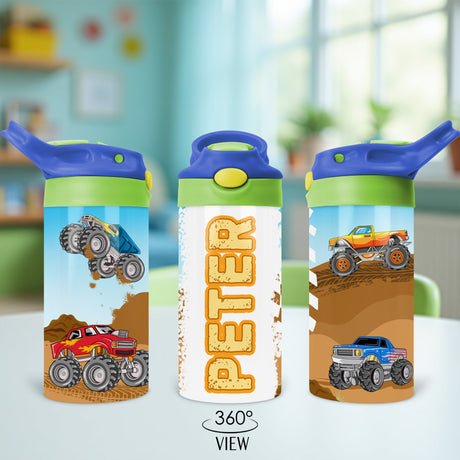 Custom monster truck water bottle for kids featuring a flip top lid ideal for school lunches and personalized back to school gifts.