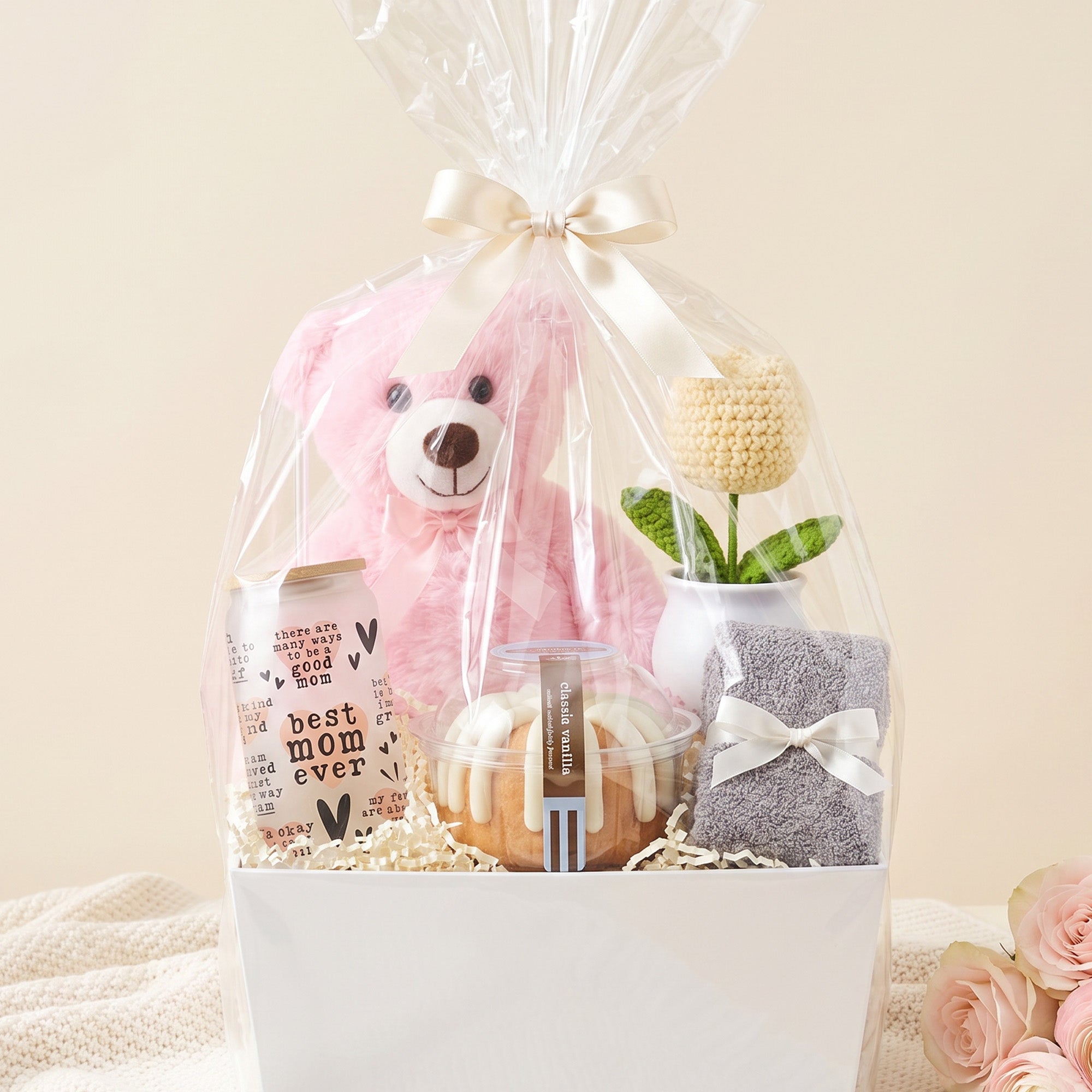 Cozy Cake Break Mom Gift Basket with Bundt Cake, Teddy Bear & Glass Tumbler