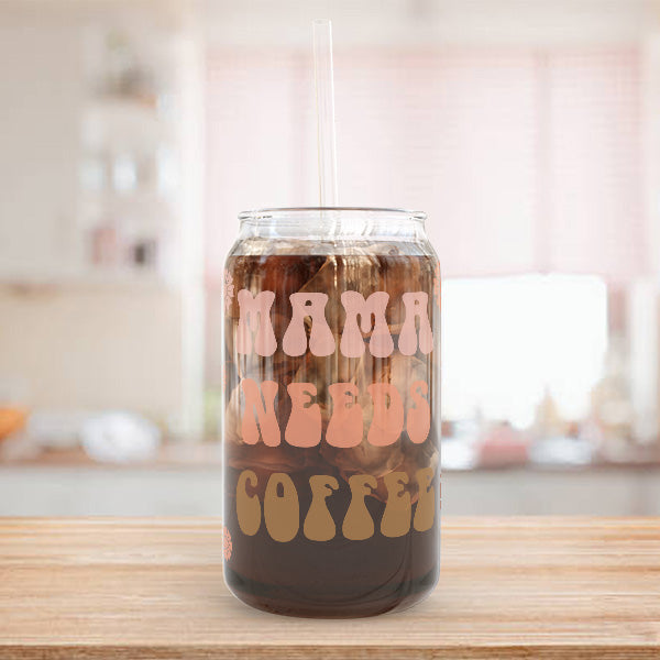 Iced Coffee Glass Cup for Moms and Coffee Lovers.  Funny gift for mom on Mothers Day, Birthdays, Christmas and more.