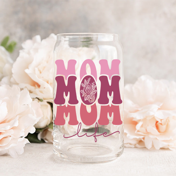 Mom Life Iced Coffee Glass Tumbler.  Great gift for her on Mother's Day, Birthdays and Christmas.  This is a 16oz glass tumbler for mothers.