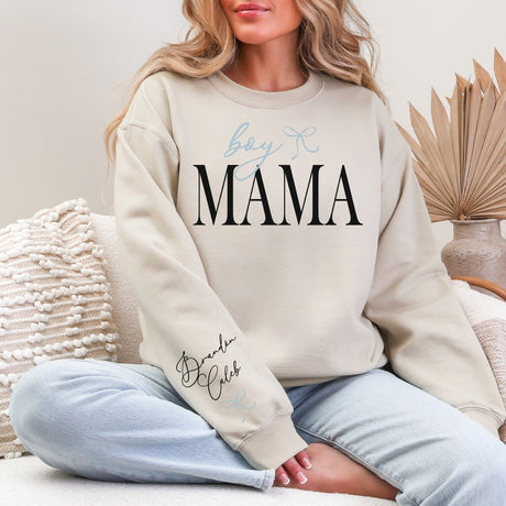 Mom wearing custom Boy Mama Sweatshirt personalized with kids names stylish sweatshirt for moms. 