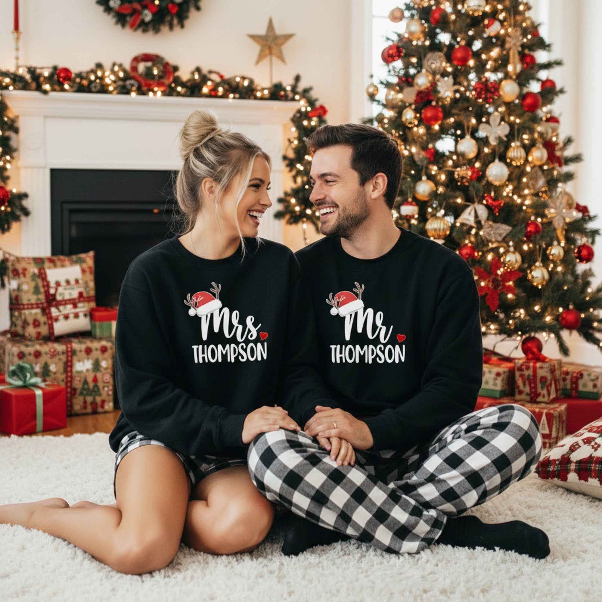 Mr and Mrs Santa Hat Personalized Matching Couples Christmas Pajama Set with Black Plaid Pants
