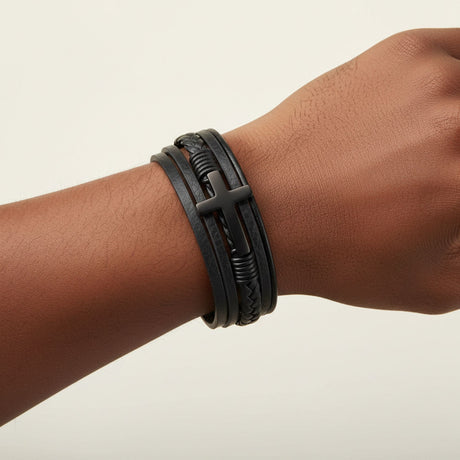 Multilayer Mens Bracelet , Genuine Leather with Cross, Christian Bracelet
