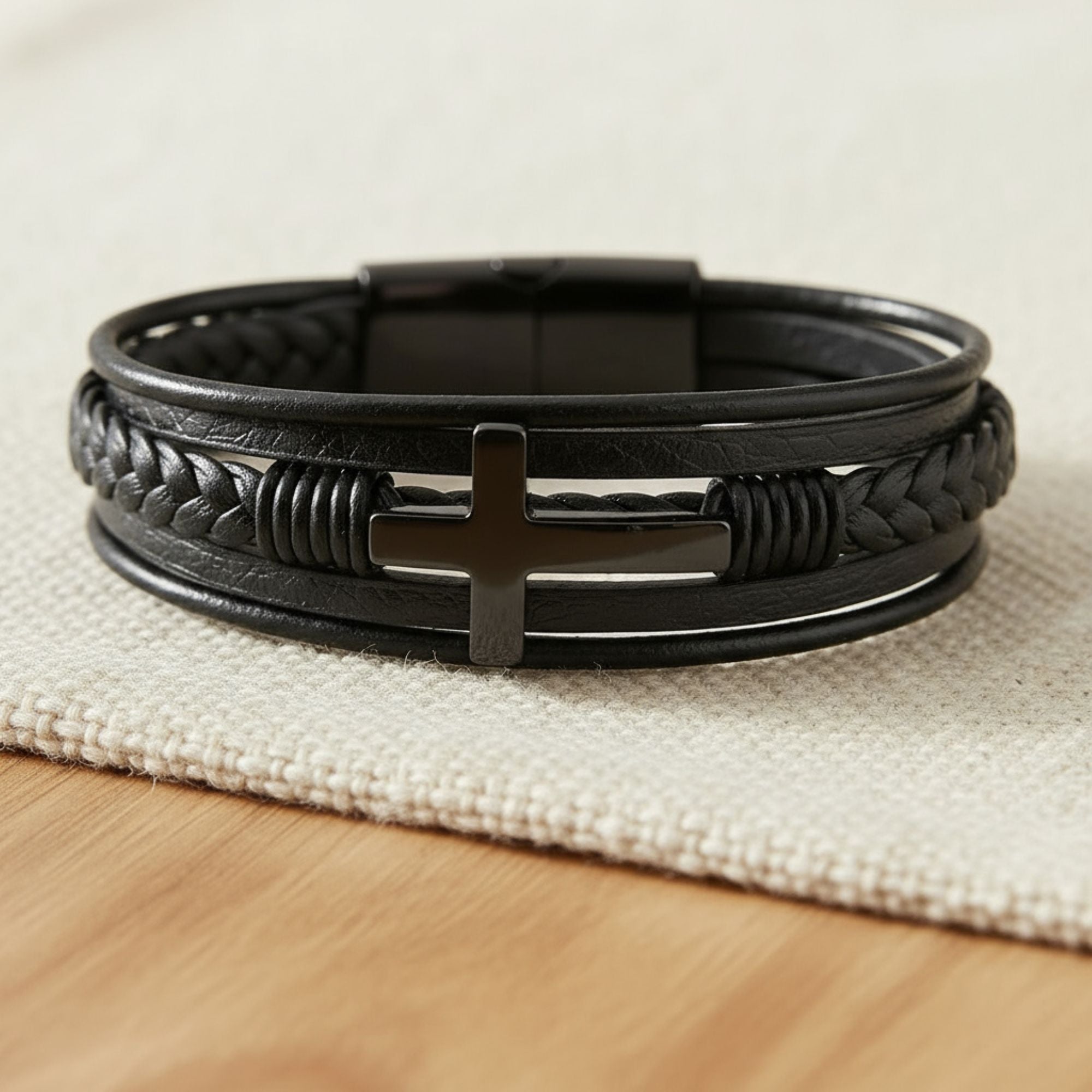 Multilayer Mens Bracelet , Genuine Leather with Cross, Christian Bracelet