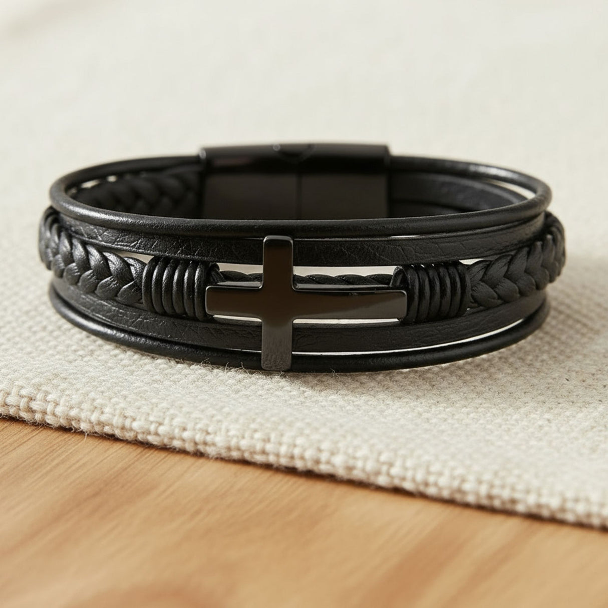 Multilayer Mens Bracelet , Genuine Leather with Cross, Christian Bracelet