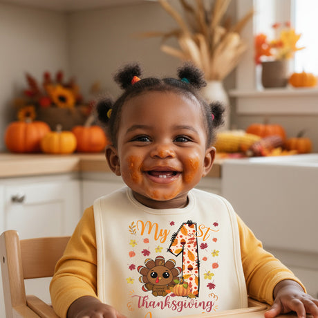 Colorful My First Thanksgiving Personalized Baby Bib with Name, for Baby Girls and Boys