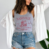 Bride in a personalized rodeo-style tank top with Comfort Colors look, ideal for Nashville bachelorette weekend or photos.