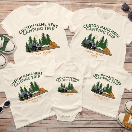 Custom Family Vacation Matching Shirts designed for summer trips, personalized with names and perfect for group photos during family camping adventures.