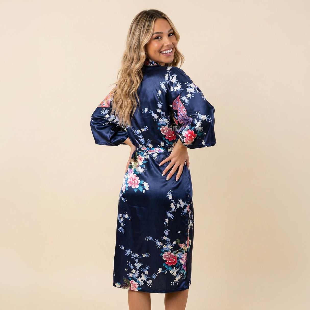 Navy Blue Silk Kimono Womens Robe