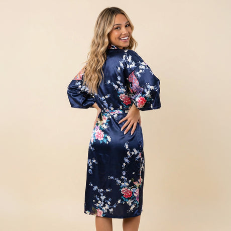 Navy Blue Silk Kimono Womens Robe