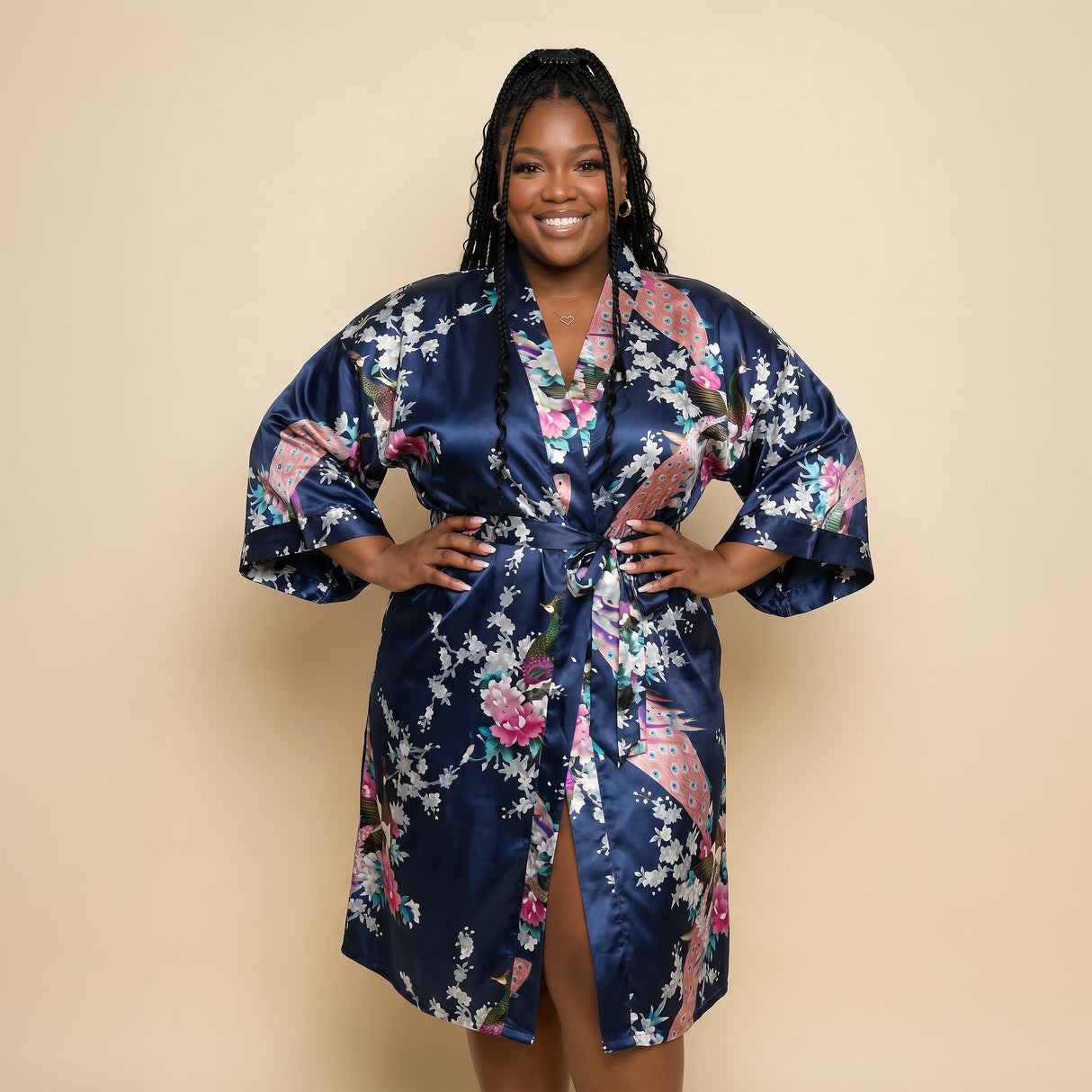 Navy Blue Silk Kimono Womens Robe