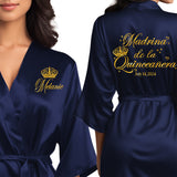 Satin navy blue quince robes with gold glitter. Madrina de la quinceanera getting ready robes.