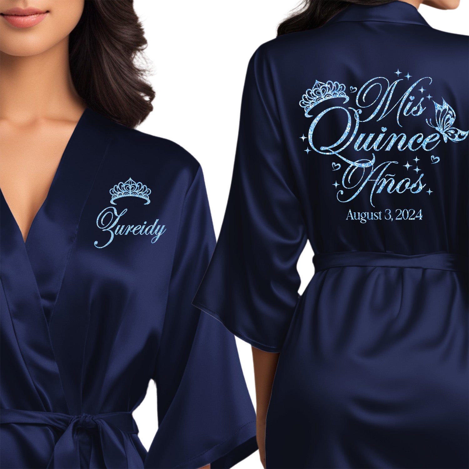 Personalized satin navy blue quinceanera robes. The perfect getting ready mis quince anos robes with light blue glitter. 